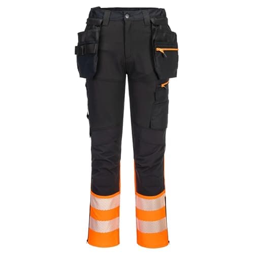 Image of Portwest DX457 DX4 Hi Vis Class 1 Detachable Holster Pocket Craft Work Trousers Four Way Stretch Fabric Knee Pad Pockets Triple Stitched Seams Certified EN ISO 20471, Orange/Black, 38