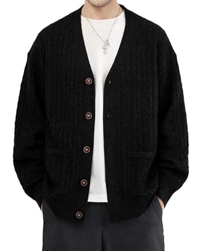Image of MLANM Men's Vintage Button Cardigan Sweater Relaxed-Fit Smart Casual Jumper, Long Sleeve V Neck,Buttons, Mock Pockets, Lightweight Warm Knitted Pullover for Autumn Winter, Black M
