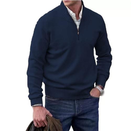 Image of Men's Cashmere Quarter-Zip Sweaters Basic, Casual Long Sleeve Pullover Sweater,Mock Neck Knit Pullover Sweater (Dark Blue,XL)