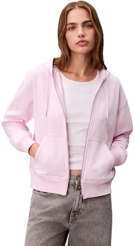 Image of Calvin Klein Women's ARCHIVE LOGO FRENCH TERRY FZ HOO LV047B237G Sweatshirts, PINK (Pearly Pink), L