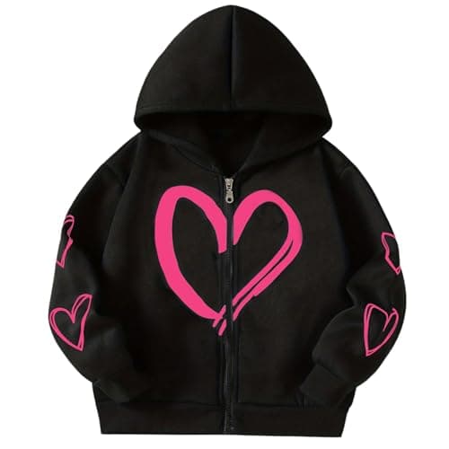 Image of BOVOSHA Girls Hoodie for Kids Long Sleeve Zip Up Sweatshirt Hooded Pullover Heart Print Top Size 6-12 Years (Black, 12-14T)