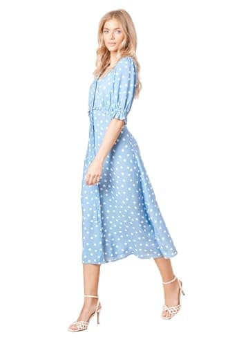 Image of Dorothy Perkins Blue Spot Button Front Puff Sleeve Midi Dress, 10, Blue