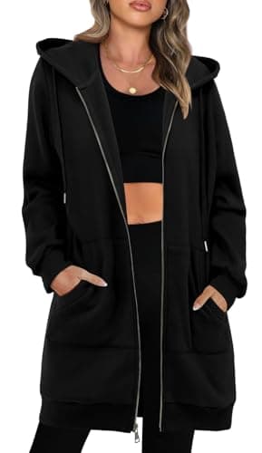 Image of KISSMODA Hoodies for Women Oversized Hooded Zip Up Sweatshirts Trendy Lightweight Long Sleeve Basic Pullover Longline Coats Winter Outfits A Black