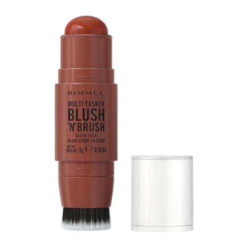 Image of Rimmel Multi Tasker Blush'N'Brush, Dual-Ended Blush Stick with Built-in Brush, Cream-to-Powder Formula for a Smooth, Weightless Finish, Roasted Peach, 8g