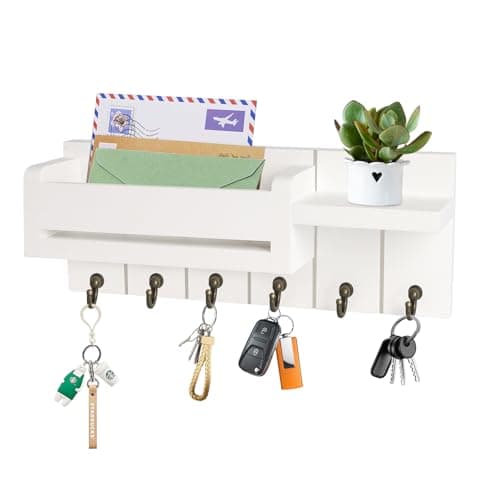 Image of Key Holder for Wall - Wooden Key Hooks Wall Mounted with 6 Hooks, Key Rack and Letter Holder, Key Hook for Home Decor, Key Hanger with Coat Hooks, Key Holders for Bag/Glasses/Coin Purse/Potted Plant