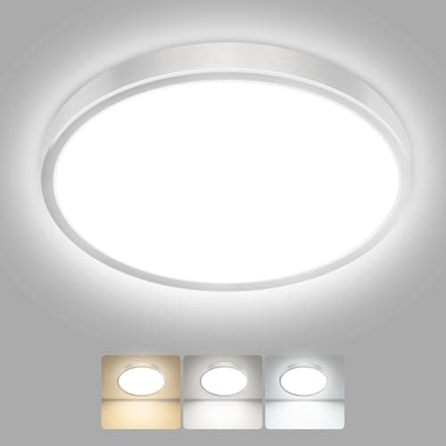 Image of hepside LED Ceiling Light,3000K/4000K/6500K 3 Color Temperature, Waterproof IP54 LED Ceiling Lamp, Modern,Round Flush Ceiling Light for Bathroom,Bedroom, Kitchen, HallwayØ18CM(Brushed Nickel)
