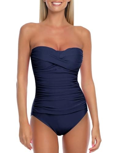 Image of Ocean Blues Women's Bandeau One Pieces Swimsuit Molded Cups Shirring Tummy Control Bathing Suit, Navy Blue, Size X-Large