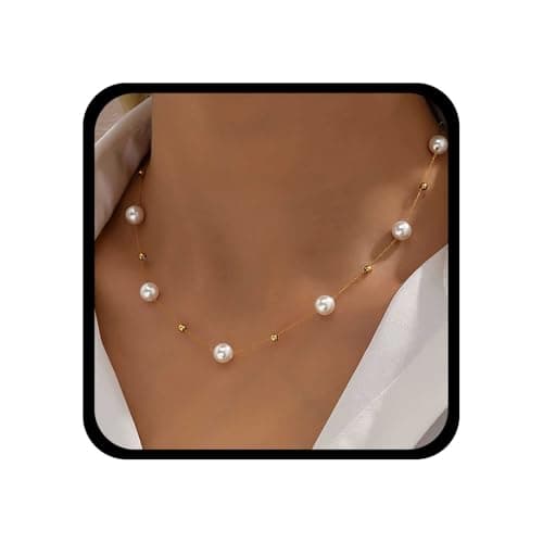 Image of Cybche Boho Floating Pearl Choker Necklace Gold Pearl Chain Necklaces Pearls Bead Collar Necklace Wedding Pearls Pendent Necklaces White Round Bead Choker Jewelry for Women