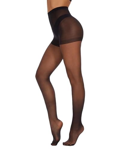 Image of CozyWow 20 Denier Sheer Tights for Women,High Waist Control Top Silk Stockings,Comfortable Women's Pantyhose with Reinforced Toes Black-M