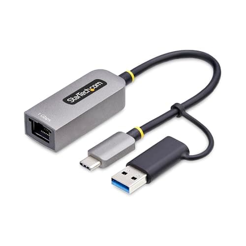 Image of StarTech.com USB-C to Ethernet Adapter w/USB-A Dongle, 10/100/1000Mbps, USB GbE Adapter, 6in/15cm Attached Cable, Status LEDs