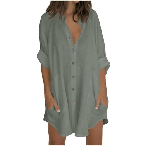 Image of Keepink Womens Blouse Shirt Long Sleeve Cotton Linen Tops Casual Button Down Shirts Oversized Plain Top Blouse Loose Fit Longline Tunic Tshirt Plus Size Tee Shirts Ladies Dresses Sale