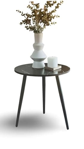 Image of WoW HomeStore Round Side Table for Living Room, Marble Top Small Coffee Table with Black Legs (Black)