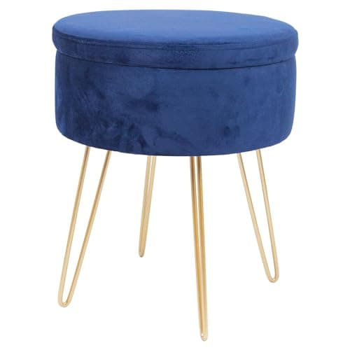 Image of Harbour Housewares Velvet Round Foot Stool with Storage - Blue with Gold Legs - Modern Dressing Table Pouffe Footstool Vanity Seats Vanity Chairs Footstools for Living Room, Bedroom