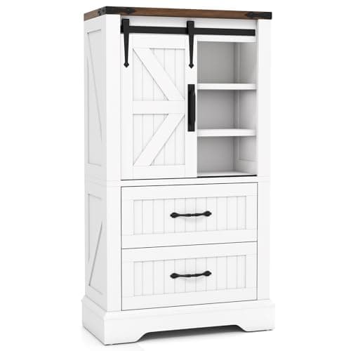 Image of COSTWAY Bathroom Floor Cabinet, Farmhouse Freestanding Storage Cupboard with Sliding Barn Door, Adjustable Shelves & 2 Drawers, 105cm Wooden Bathroom Unit Side Cabinet for Living Room Hallway Kitchen