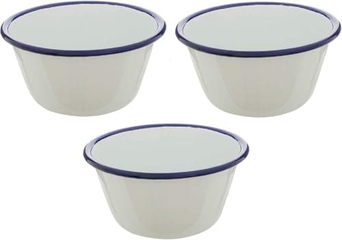 Image of 3 x White Falcon Enamel Blue Rim Pudding Basin Serving Dip Dishes Souffle 12cm 500ml