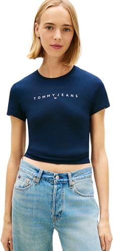 Image of Tommy Jeans Women's Tjw Slim Linear Tee Ext Dw0Dw18398 S/S T-Shirt, Blue (Dark Night Navy 1), XXL_Plus