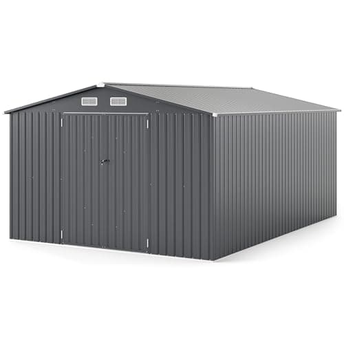 Image of COSTWAY 12x8FT/12x12FT/14x10FT Metal Garden Shed, Galvanized Outdoor Storage Shed with Lockable Doors, 4 Air Vents & Sloping Roof, Weatherproof Tool Storage House (Dark Grey, 14x10FT)