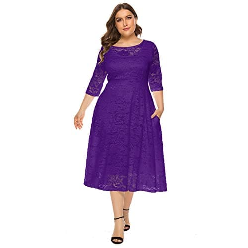 Image of Women Plus Size Party Dress 3/4 Sleeve Floral Lace Wedding Cocktail Evening Gown Vintage Retro Swing Midi Dress with Pockets Purple 4XL
