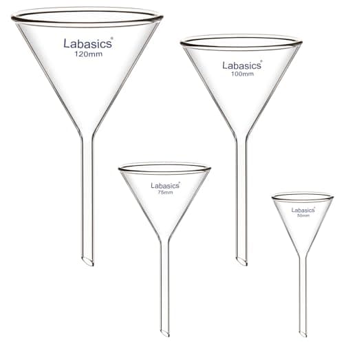 Image of Labasics Borosilicate Glass Funnel Set, Thick-Walled Short Stem Filtering Kit for Laboratory Filtration, 50/75/100/120 mm Diameter, 4 Pack