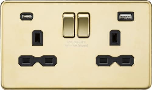 Image of 13A 2G SP Switched Socket with Dual USB A+C (5V DC 4.0A shared) - Polished Brass with Black Insert