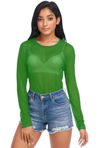 Image of STAR FASHION Sheer Mesh Top Long Sleeve See Through T Shirt Tops for Womens Ladies Stretchy Round Neck Tee T-Shirts Neon Green-ML