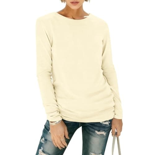 Image of OGBK Womens Long Sleeve T Shirts Regular Loose Fit Sweatshirts Crewneck Plain Cotton Tshirt Fashion Fall Going Out Tops Casual Basic Tees(Apricot,M)
