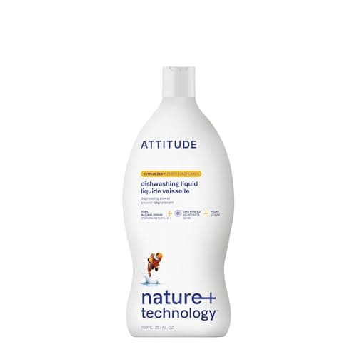 Image of ATTITUDE Washing Up Liquid, EWG Verified, Plant-Based & Vegan Dish Soap, Naturally Derived, Citrus Zest Scent, 700 mL