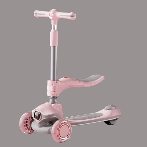 Image of GASENDALA 3-in-1 Kids Scooter with Foldable Seat, Flashing LED Wheels & Music, Adjustable Height Kick Scooter for Boys Girls Aged 2-8, Light Up Toddler Scooter - Pink/Black (Pink)
