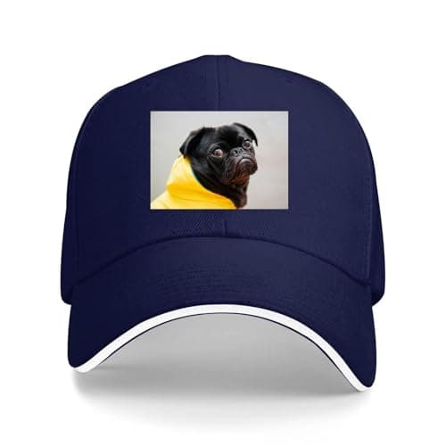 Image of Hat Pug Dog in Yellow Raincoat Black and Yellow Cotton Navy Blue Baseball Cap Premium Comfort Fit Vintage Inspired Aesthetic Gift