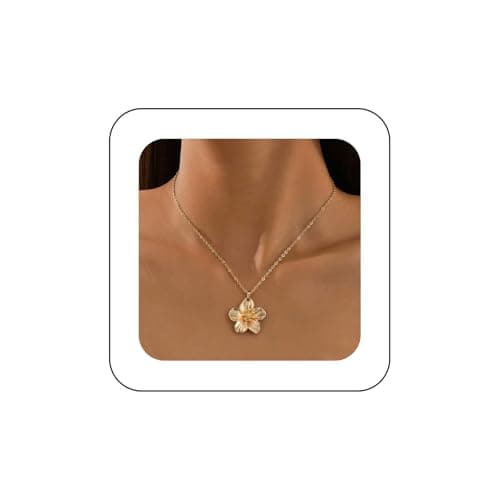 Image of Yienate Gold Flower Necklace Hibiscus Flower Pendant Necklace Minimalist Floral Necklaces Chain Statement Floral Choker Hawaiian Summer Jewelry for Women