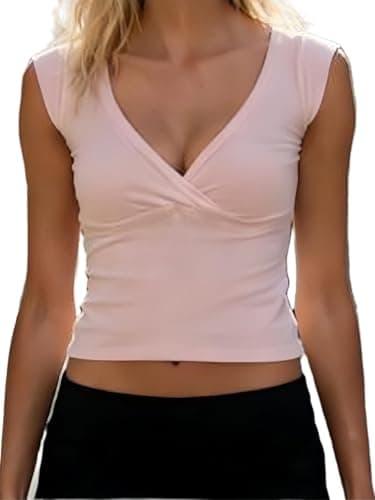 Image of Women Deep V Neck Tank Tops Sleeveless Slim Fit Crop Top Stretchy Basic Vest Summer Going Out Tops (A-Pink, S)