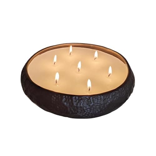 Image of Aeolian 7 Wick Vanilla Scented Candle in Hammered Champagne Bowl (20cm) - Luxurious Soy Wax Table Centrepiece, Perfect Home Decoration Gift, Elegant Interiors by Rowen Homes (Black)