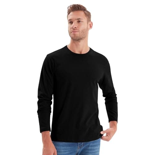 Image of NetSetUK Mens Valueweight Long Sleeve T-Shirt Crew Neck 100% Cotton T Shirts Men Casual Pullover Long Sleeve Tee for Workwear or Sports Activities Black