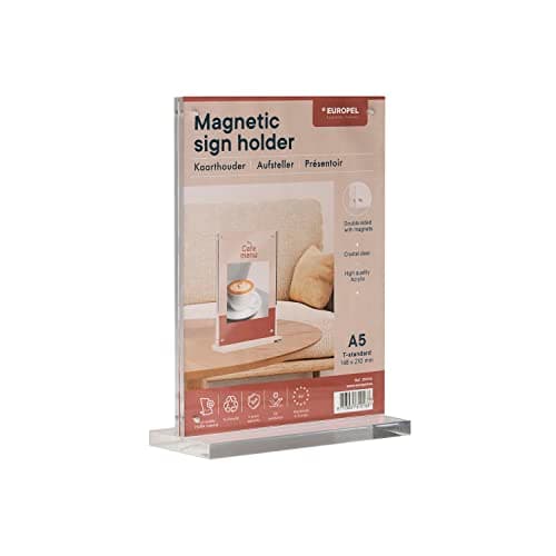 Image of EUROPEL Luxe Magnetic Sign Holder, T-Standard, A5 Size Portrait, Acrylic as clear as glass, Menu & Leaflet Display Holder for Restaurants, Hotels, Conference & Reception – Free Standing & Double sided