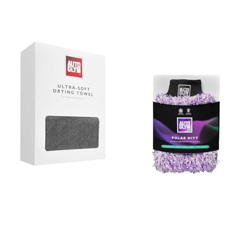 Image of Autoglym Ultra-Soft Drying Towel, Extra Large Car Drying Towel, Ultra-Absorbent Twisted Loop, Lint Free Finish & Polar Car Wash Mitt with Storage and Washbag Included, Premium Fine Microfibre Strands