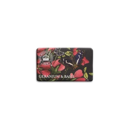 Image of The English Soap Company Kew Gardens Geranium and Basil Soap - Luxury Vegan Soap Bar Enriched with Shea Butter - Fresh Herbal Floral Scent, Moisturising, Cruelty-Free, Made in England - 240g