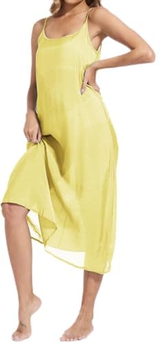 Image of Leegolucky Ladies Cotton Silk Long Slip Dress Camisoles Full Slips For Under Dress Nightgowns Camis Dress Petticoat (Yellow,XL)
