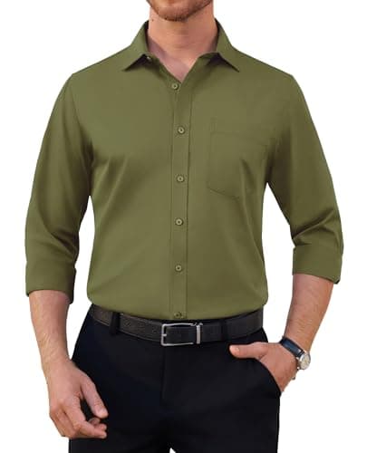 Image of siliteelon Mens Shirts Long Sleeve Stretch Olive Green Business Dress Wrinkle Free Regular Fit Formal Shirt Casual Wedding Party Pocket Shirts L
