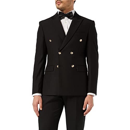 Image of Xposed Mens Classic Fitted Double Breasted Black Blazer Gold Buttons Vintage Jacket
