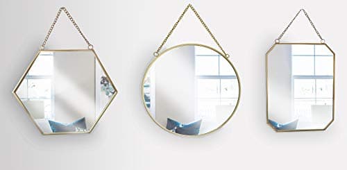 Image of Set of 3 assorted shaped wall mirrors with chain in black, gold or silver. Hexagonal, Round and Rectangular. Perfect for Bedroom, Bathroom, Living Room or Hallway. Vintage / Contemporary (gold)