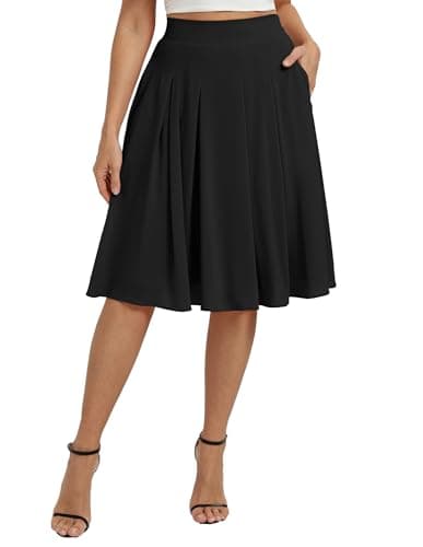 Image of Belle Poque Midi Skirts for Women UK High Waisted A-Line Pleated Skirt Flowy Casua with Pockets Black M