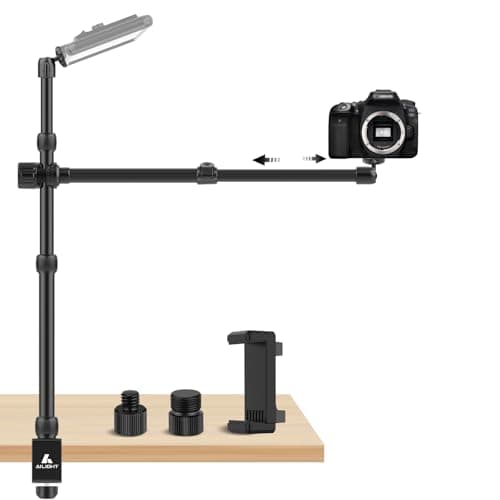 Image of ailight Camera Desk Mount Stand Overhead, Adjustable Microphone Boom Arm Mic Stand with Phone Holder, Camera Arm Clamp 5/8'' 3/8'' 1/4'' Screws for Shure, Blue Yeti, Rode, Elgato, Fifine, HyperX