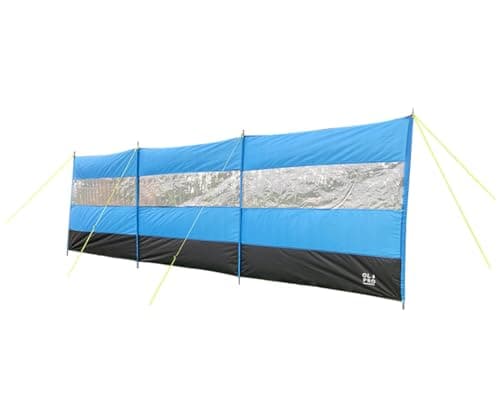 Image of OLPRO Blue Camping Windbreak – 5m Long x 1.4m Tall Foldable Beach & Caravan Wind Break with PVC Window, Guy Ropes & Carry Bag – Compact Windbreaker for Camping & Outdoor Events