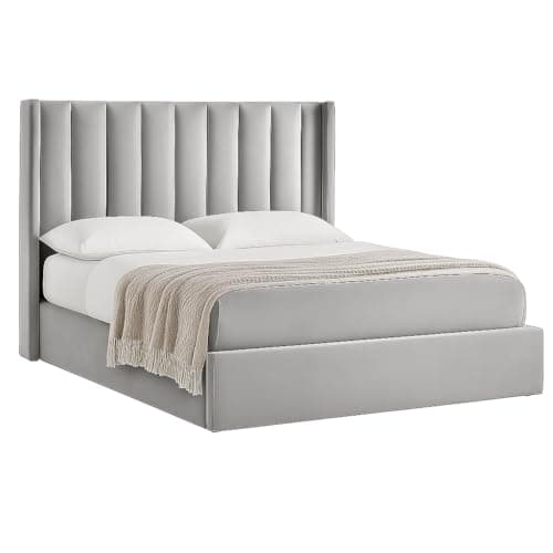 Image of Double Winged Panel Storage Bed Frame Upholstered Plush Velvet Ottoman Gas Lift storage (Silver, 4ft 6in double)