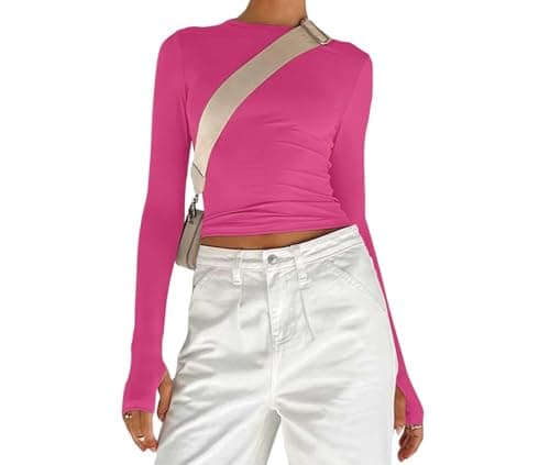 Image of Women's Basic Long Sleeve Slim Fit Crop T Shirt Top Y2K Tops TikTok Crop Top Club Party E-Girls Streetwear(Rose Pink-b,S)