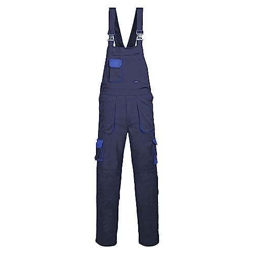 Image of Portwest TX12 Men's Texo Contrast Bib and Brace Work Overalls Workwear Dungarees with Storage Knee Pad Pockets Adjustable Fit Elasticated Back, Navy, 3XL