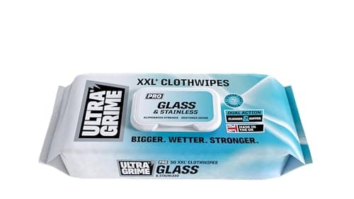 Image of UltraGrime PRO Glass & Stainless Surface Wet Wipes XXL Cleaning Cloths for Mirrors, Windows, Kitchen, Home, Shower Glass Cleaner Streak Free (Pack of 50)