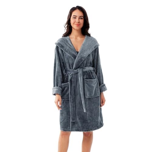 Image of Winthome Dressing Gown for Women Men，Soft Fleece Bathrobe with Hood,Winter Cozy Fluffy Bath Robe,Ladies Dressing Gown with Pocket (Classic Grey L)