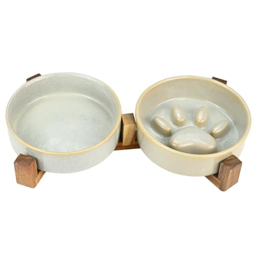 Image of Elevated Ceramic Dog Bowl with Wooden Stand - 250ML Raised Double Bowls Set Cute Paw Print Design Slow Feeder Food Water Bowls with Non-Slip Base for Breed Dogs, Cats, Kitty, Weighted Pet Bowls