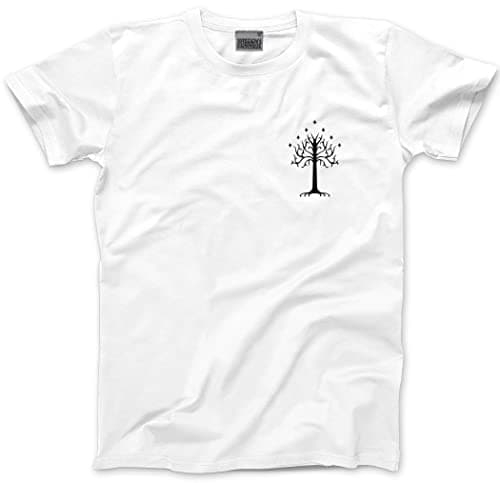 Image of HotScamp White Tree of Gondor Tshirt Pocket Design- Mens and Youth Unisex T-Shirt - Fantasy Story Movie TV Show - XL White